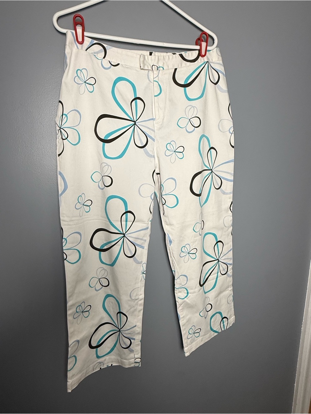 Sandra Y2K Floral Mid Rise Cropped Pants White w/Teal Blue Sz 12 NWOT